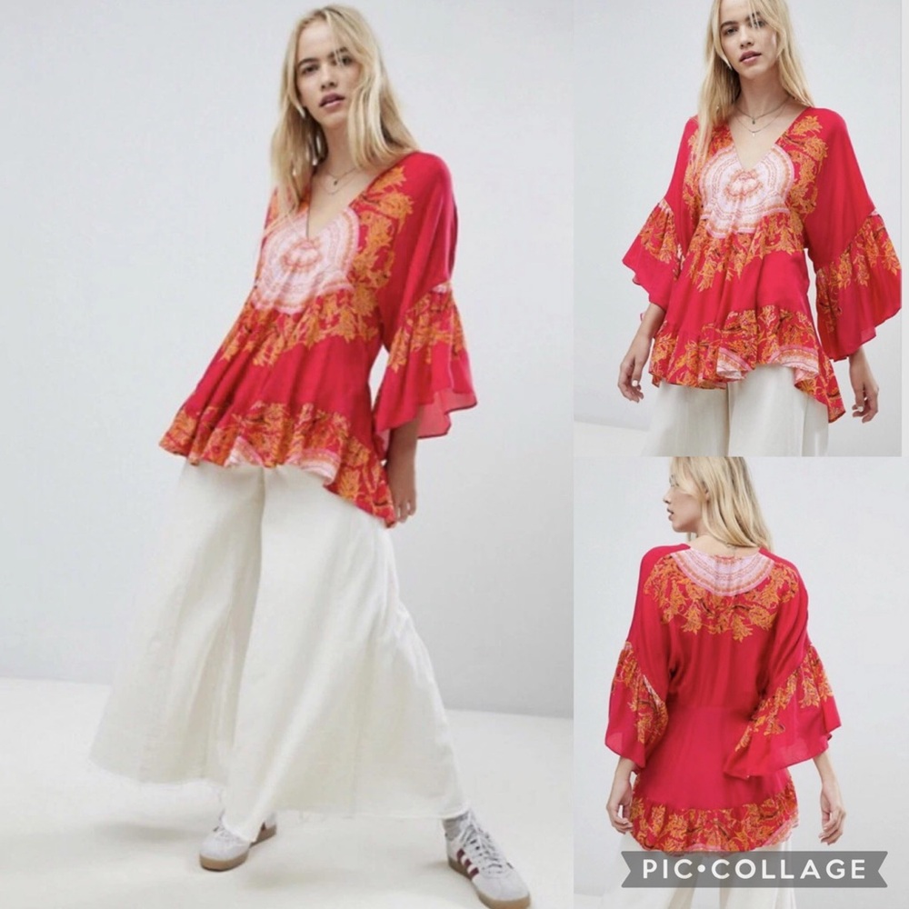 Free People Boho Medallion Mini Dress Tunic Blouse Top w/Wide Ruffle Sleeves